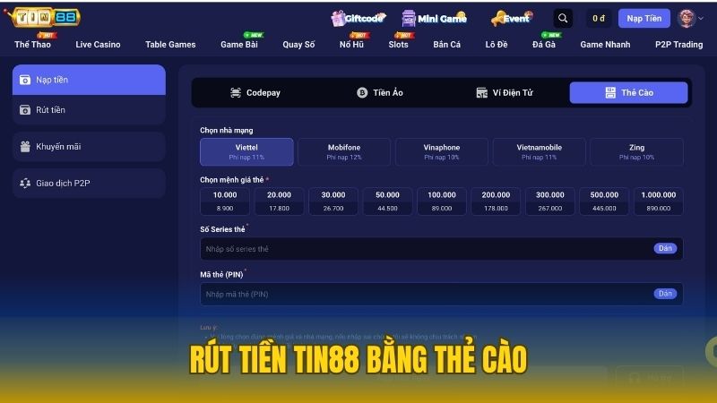 Cách rút tiền về ví bằng cách nhận thẻ cào