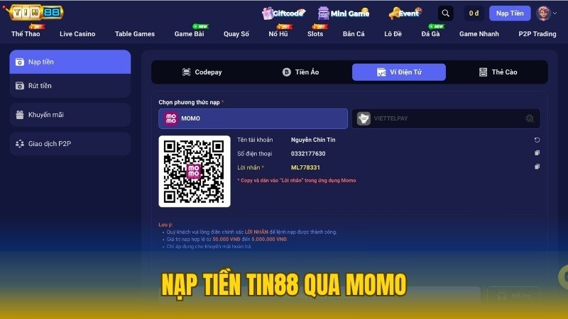 Nạp tiền vào Tin88 nhanh bằng ví điện tử Momo